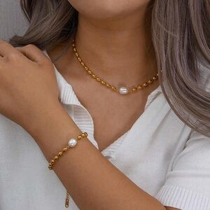 18K Gold Plated, Freshwater Pearl Necklace and Bracelet Set
